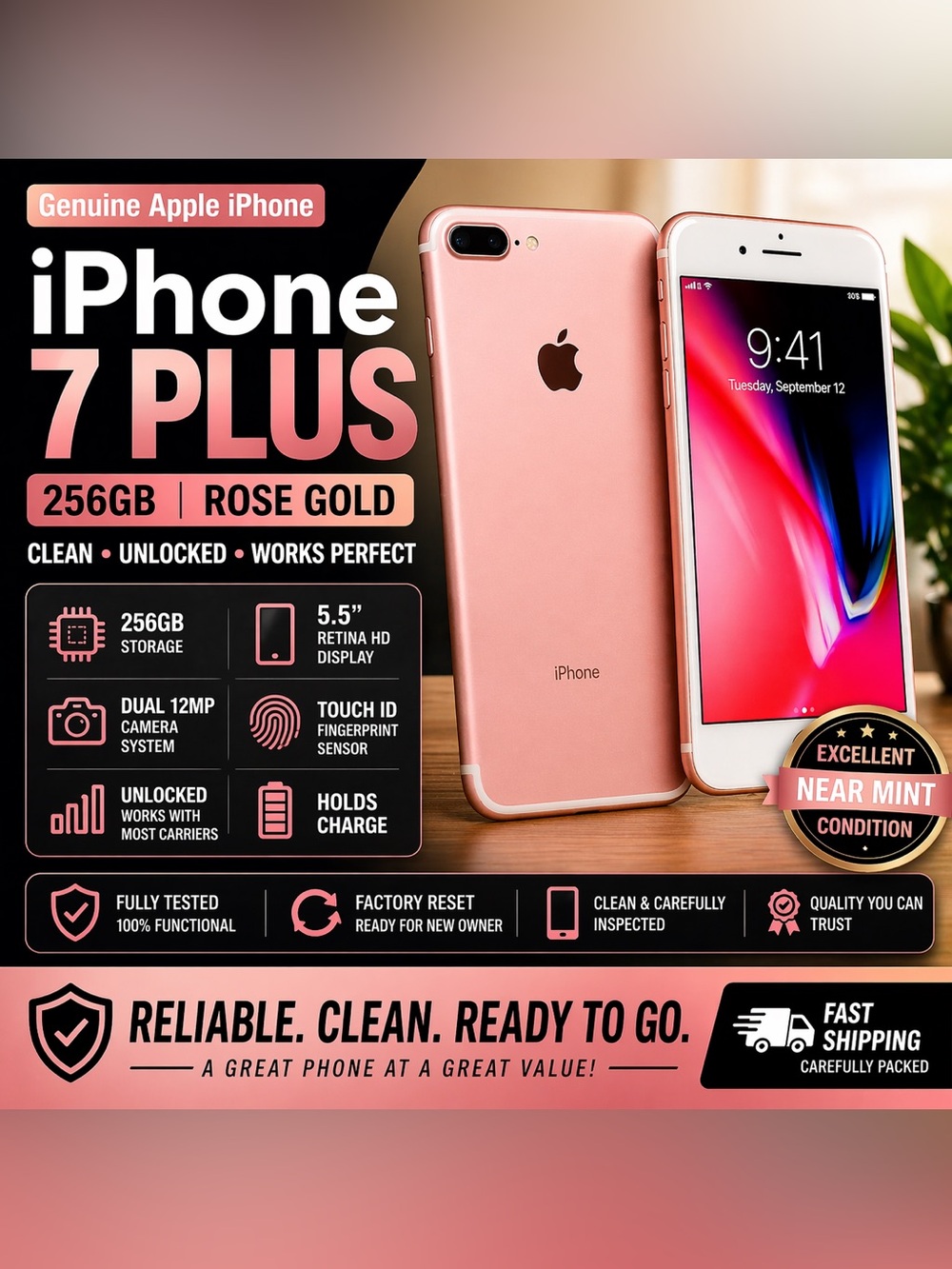 Apple iPhone 7 Plus 256GB Rose Gold Unlocked Mint Condition Clean Works Perfect
